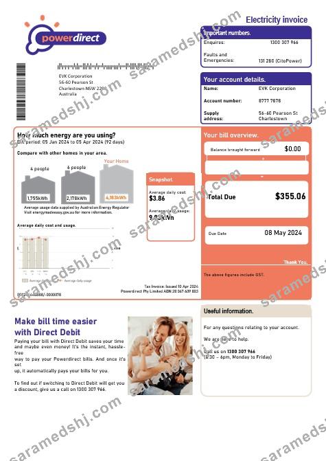 Australia Powerdirect electricity business utility bill template in Word and PDF format